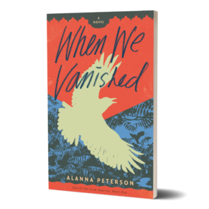 3D version of When We Vanished. Silhouette of a crow against green foliage, with a red-orange background behind the title