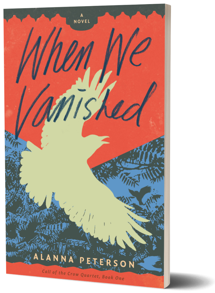 3D version of When We Vanished. Silhouette of a crow against green foliage, with a red-orange background behind the title