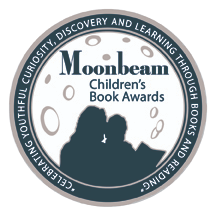 Moonbeam Children's Book Award seal. Silhouette of a mother and child reading a book against the backdrop of the moon. Text around the rim reads, "celebrating youthful curiosity, discovery and learning through books and reading."