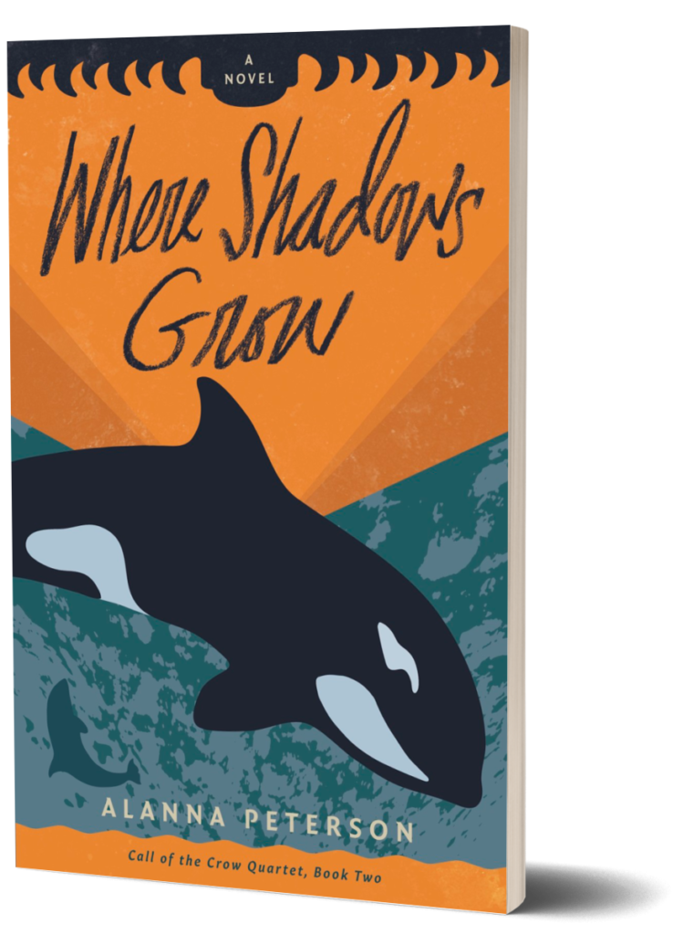 3D Cover of Where Shadows Grow by Alanna Peterson. An orca whale dives into a turquoise sea beneath an orange sunset.