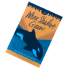 vinyl sticker of where shadows grow cover. an orca whale dives into a turquoise ocean beneath an orange sunset.
