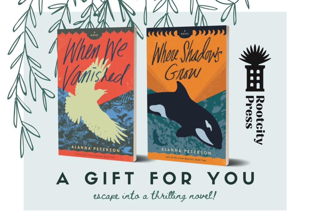 Covers of When We Vanished and Where Shadows Grow against a backdrop of hand-drawn leaves. Text reads, A Gift for you. Escape into a thrilling novel!