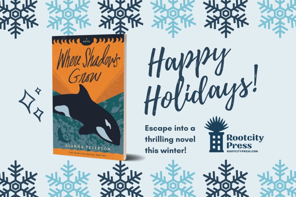 Cover of Where Shadows Grow against a background with snowflakes. Text reads, "Happy holidays! Escape into a thrilling novel this winter!"