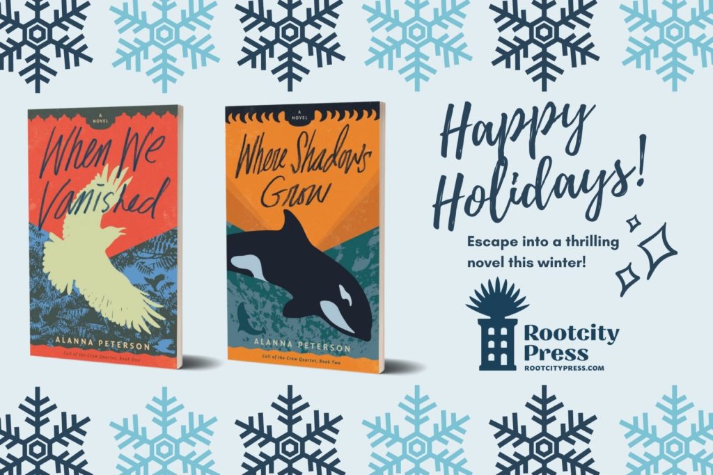 Covers of When We Vanished and Where Shadows Grow against a background with snowflakes. Text reads, "Happy holidays! Escape into a thrilling novel this winter!"