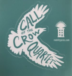 A white crow with "Call of the Crow Quartet" written inside against a teal background