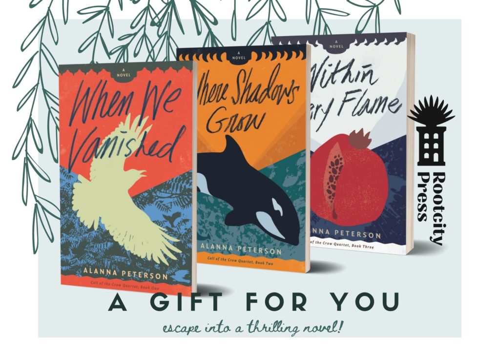 Covers of When We Vanished, Where Shadows Grow, and Within Every Flame against a background with sketched leaves. Text reads, "A Gift for You. Escape into a thrilling novel this winter!"