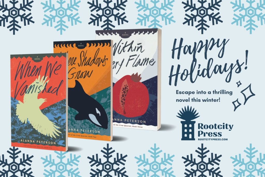 Covers of When We Vanished, Where Shadows Grow, and Within Every Flame against a background with snowflakes. Text reads, "Happy holidays! Escape into a thrilling novel this winter!"