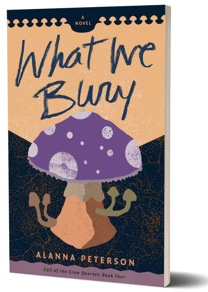 Cover of What We Bury by Alanna Peterson. A purple mushroom dotted with moon-like orbs on the cap and four smaller mushrooms emerging from the stipe stands against a textured dark brown background.