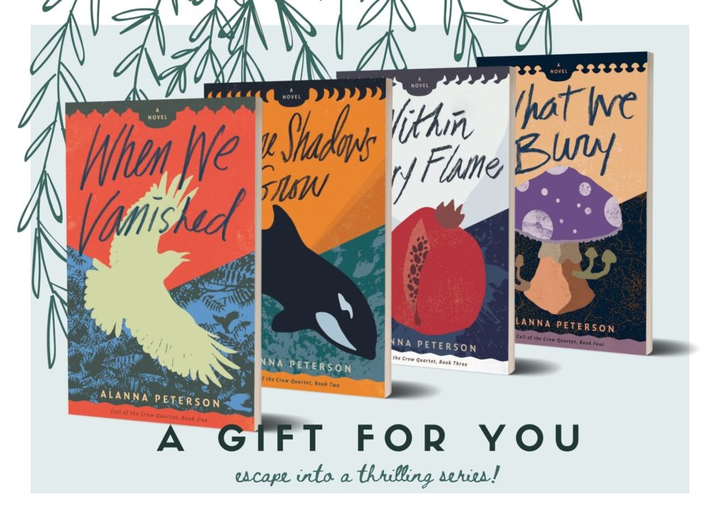 Covers of When We Vanished, Where Shadows Grow, Within Every Flame and What We Bury against a background with sketched leaves. Text reads, "A Gift for You. Escape into a thrilling series!"