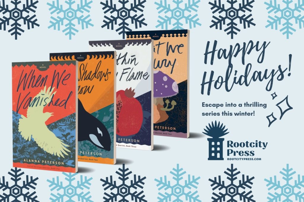 Covers of When We Vanished, Where Shadows Grow, Within Every Flame, and What We Bury against a background with snowflakes. Text reads, "Happy holidays! Escape into a thrilling series this winter!"