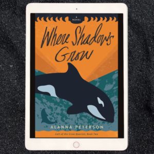 A tablet showing the cover of Where Shadows Grow by Alanna Peterson. An orca whale dives into a turquoise sea beneath an orange sunset.