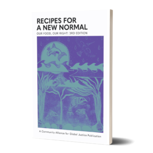 Cover of Recipes for a New Normal: Our Food, Our Right, 3rd Edition. Image shows a purple and teal seascape including an orca whale and kelp forest.