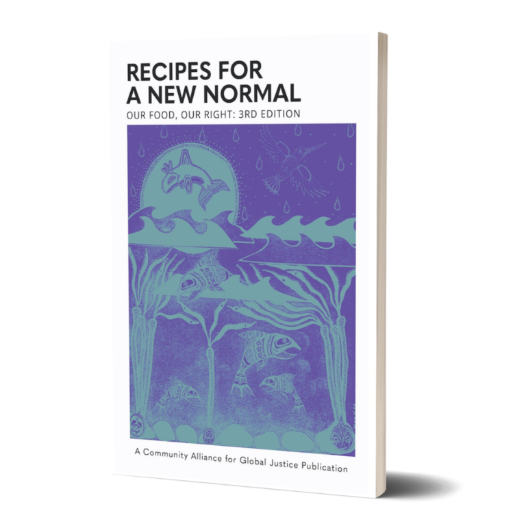 Cover of Recipes for a New Normal: Our Food, Our Right, 3rd Edition. Image shows a purple and teal seascape including an orca whale and kelp forest.