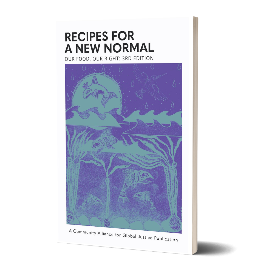 Cover of Recipes for a New Normal: Our Food, Our Right, 3rd Edition. Image shows a purple and teal seascape including an orca whale and kelp forest.