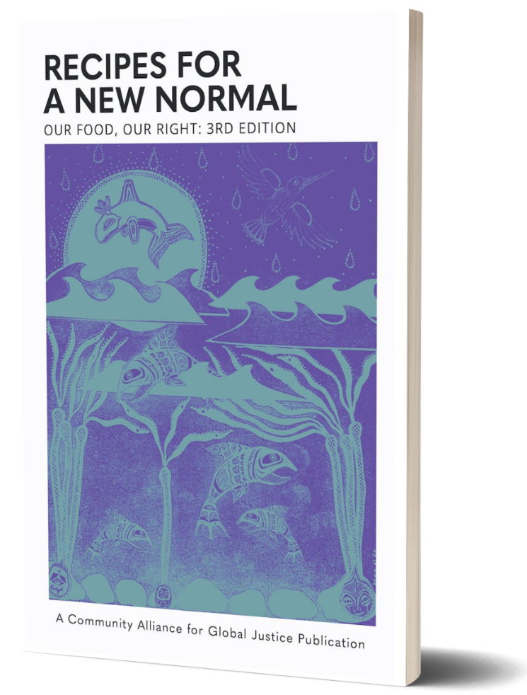 Cover of Recipes for a New Normal: Our Food, Our Right, 3rd Edition. Image shows a purple and teal seascape including an orca whale and kelp forest.
