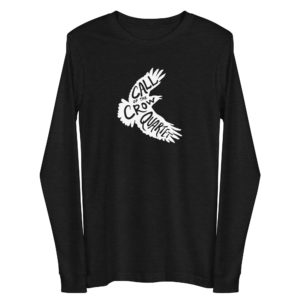 Black heather long sleeve shirt with white crow silhouette filled with the words "Call of the Crow Quartet."