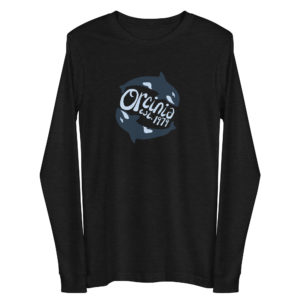 Black heather long-sleeve t-shirt featuring two orca whales swimming in a circle. Text between them reads "Orcinia, est. 1979."