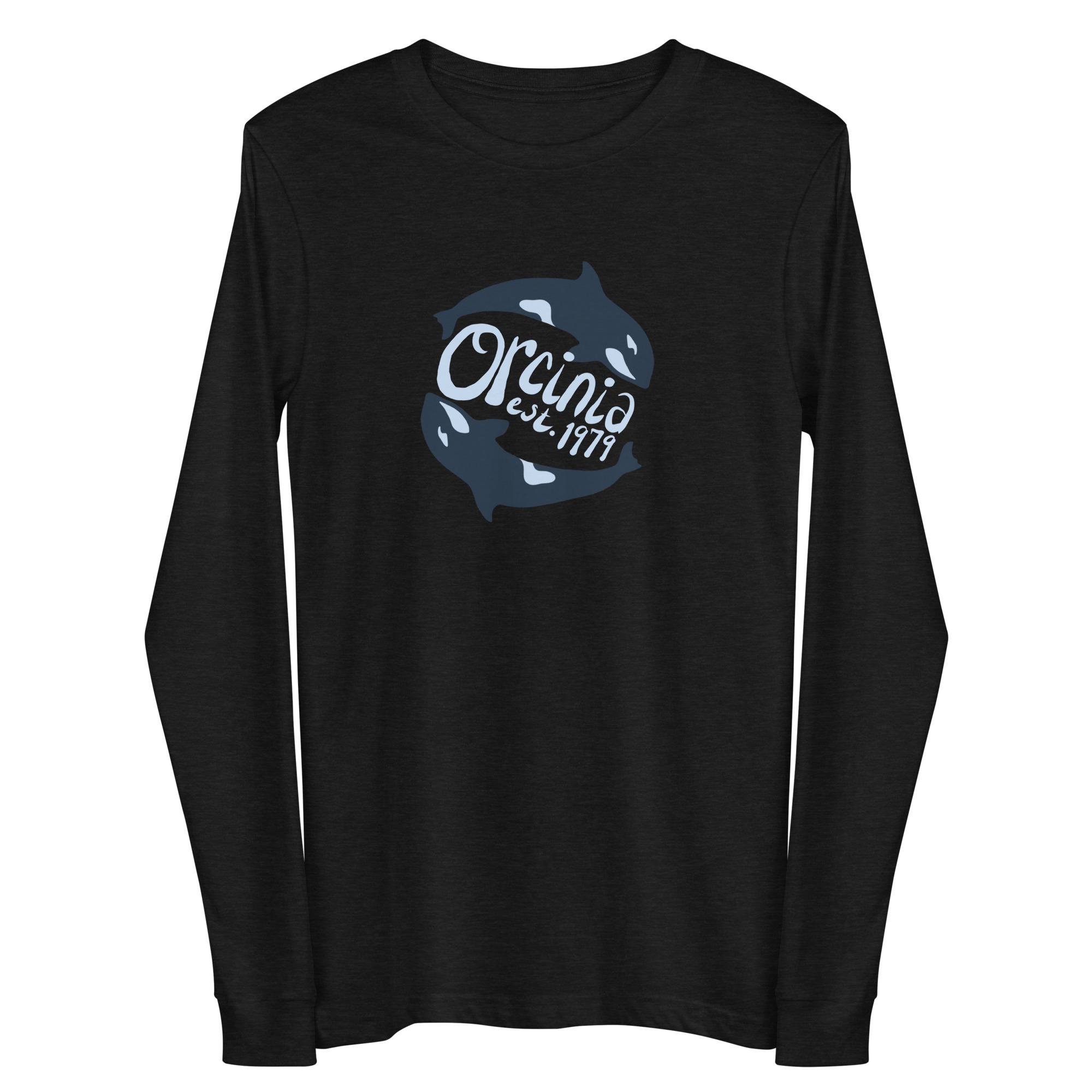 Black heather long-sleeve t-shirt featuring two orca whales swimming in a circle. Text between them reads "Orcinia, est. 1979."