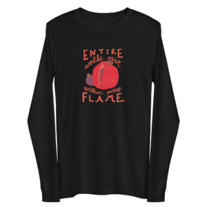 Black heather long-sleeve t-shirt featuring a large red pomegranate and smaller purple pomegranate surrounded by the inscription, "Entire worlds exist within every flame."