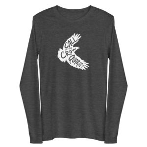 Dark grey heather long sleeve shirt with white crow silhouette filled with the words "Call of the Crow Quartet."