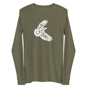 Military green long sleeve shirt with white crow silhouette filled with the words "Call of the Crow Quartet."