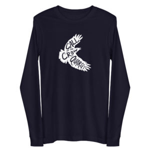 Navy blue long sleeve shirt with white crow silhouette filled with the words "Call of the Crow Quartet."