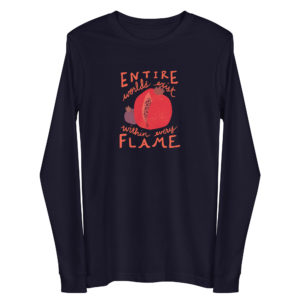 Navy blue long-sleeve t-shirt featuring a large red pomegranate and smaller purple pomegranate surrounded by the inscription, "Entire worlds exist within every flame."