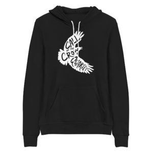 Black hoodie with white crow silhouette filled with the words "Call of the Crow Quartet."