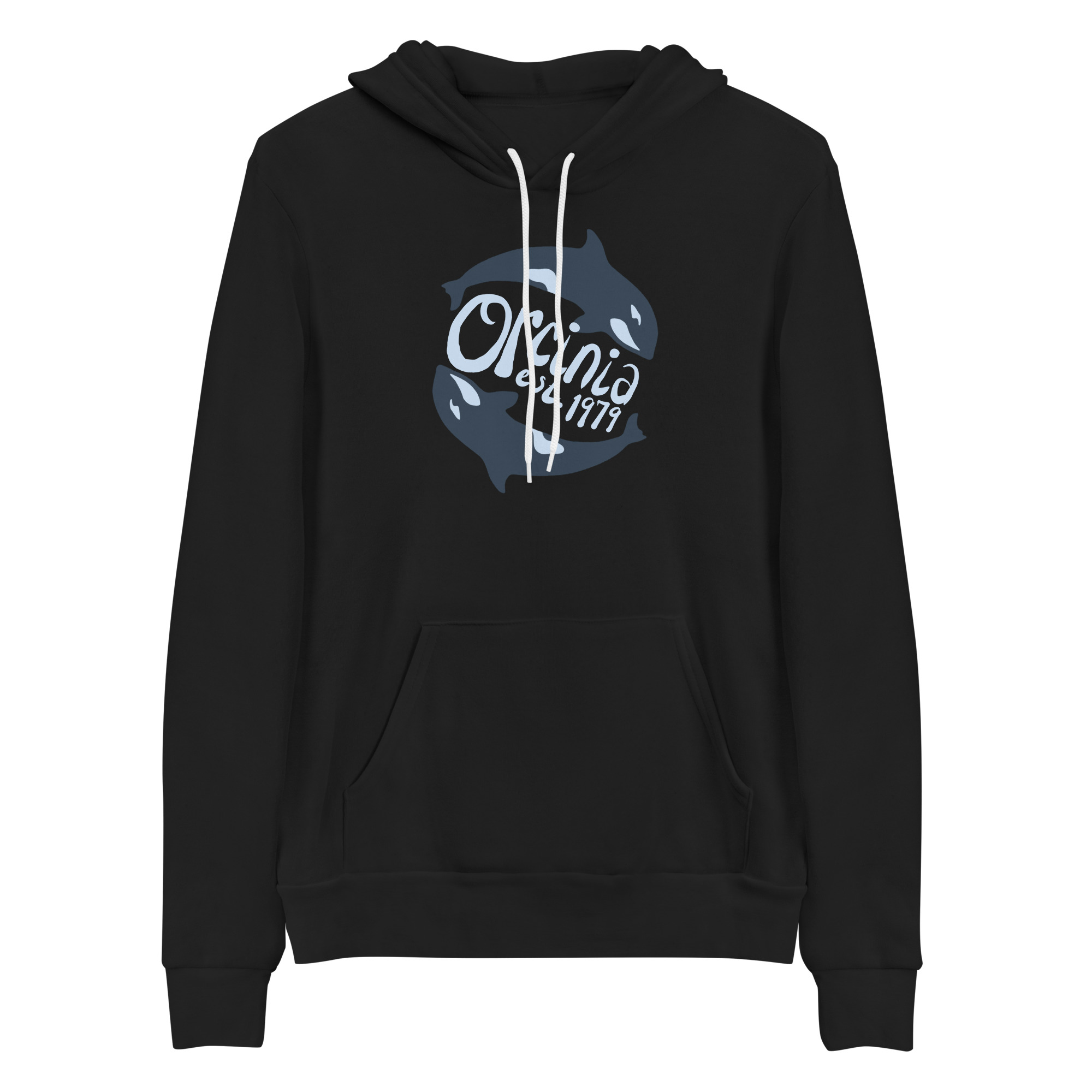 Black hoodie featuring two orca whales swimming in a circle. Text between them reads "Orcinia, est. 1979."