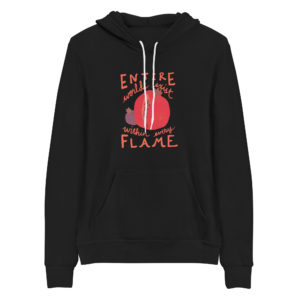 Black hoodie featuring a large red pomegranate and smaller purple pomegranate surrounded by the inscription, "Entire worlds exist within every flame."