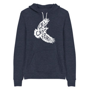 Heather navy blue hoodie with white crow silhouette filled with the words "Call of the Crow Quartet."