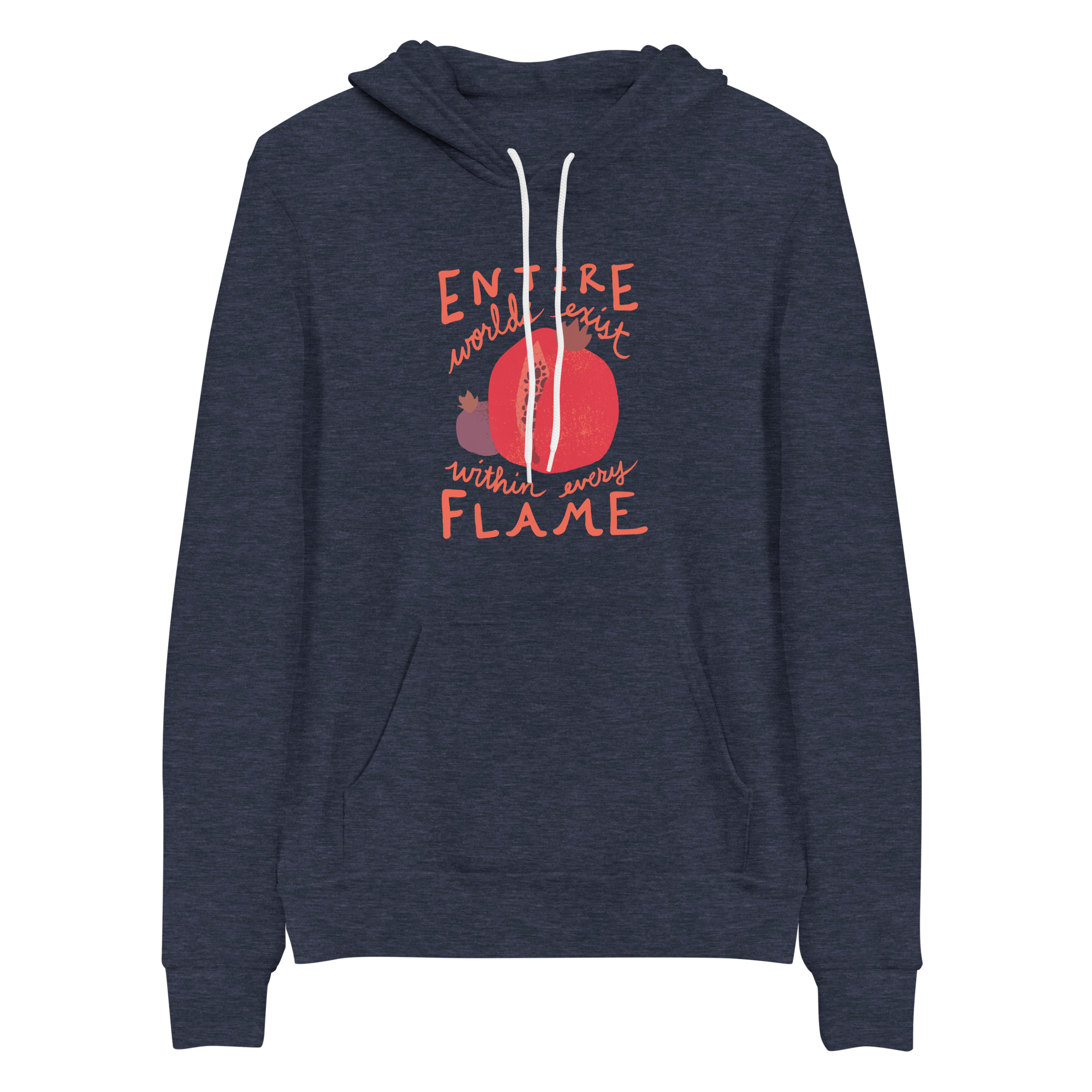 Heather navy blue hoodie featuring a large red pomegranate and smaller purple pomegranate surrounded by the inscription, "Entire worlds exist within every flame."