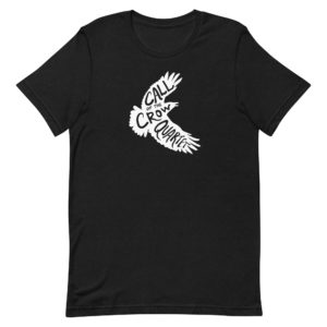 Black heather short sleeve shirt with white crow silhouette filled with the words "Call of the Crow Quartet."