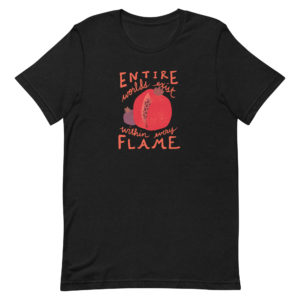 Black heather short-sleeve t-shirt featuring a large red pomegranate and smaller purple pomegranate surrounded by the inscription, "Entire worlds exist within every flame."