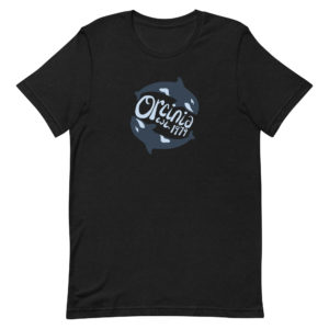Black heather short-sleeve t-shirt featuring two orca whales swimming in a circle. Text between them reads "Orcinia, est. 1979."
