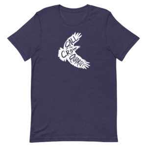 Heather midnight navy blue short sleeve shirt with white crow silhouette filled with the words "Call of the Crow Quartet."