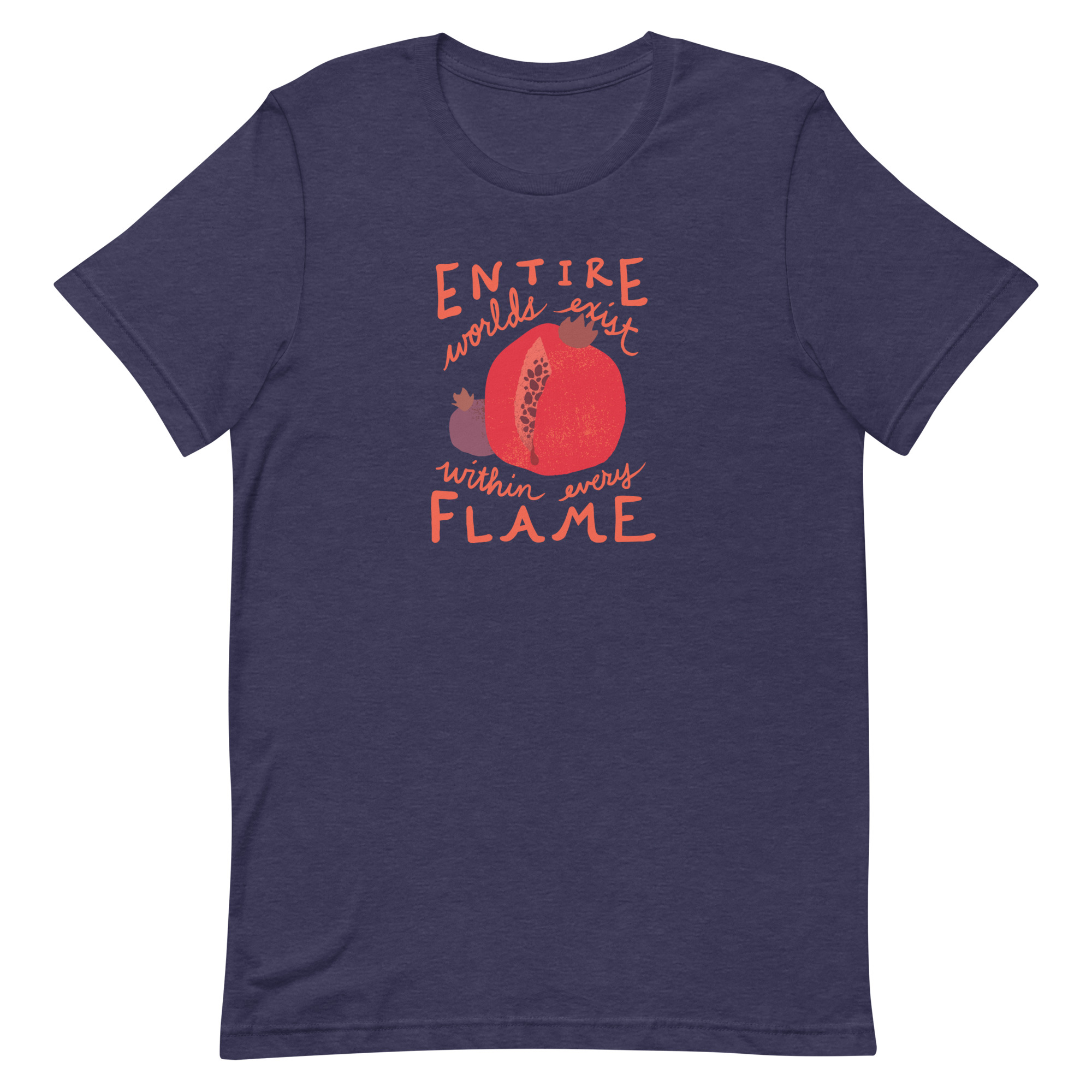 Heather midnight navy short-sleeve t-shirt featuring a large red pomegranate and smaller purple pomegranate surrounded by the inscription, "Entire worlds exist within every flame."
