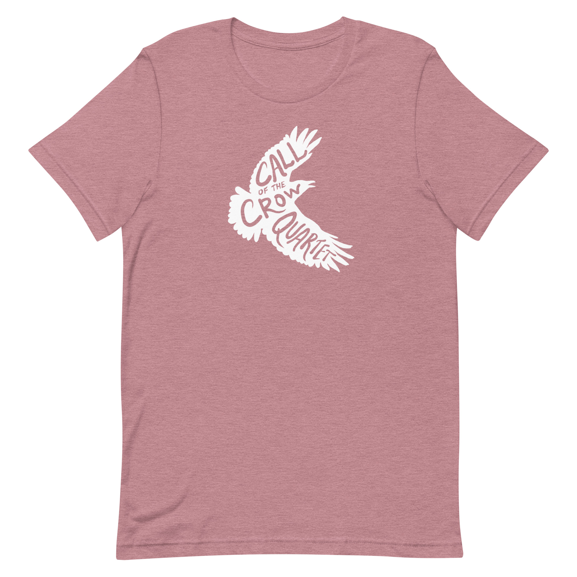 Heather orchid (mauve/pink) short sleeve shirt with white crow silhouette filled with the words "Call of the Crow Quartet."