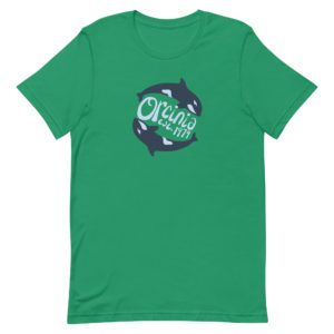 Kelly green short-sleeve t-shirt featuring two orca whales swimming in a circle. Text between them reads "Orcinia, est. 1979."