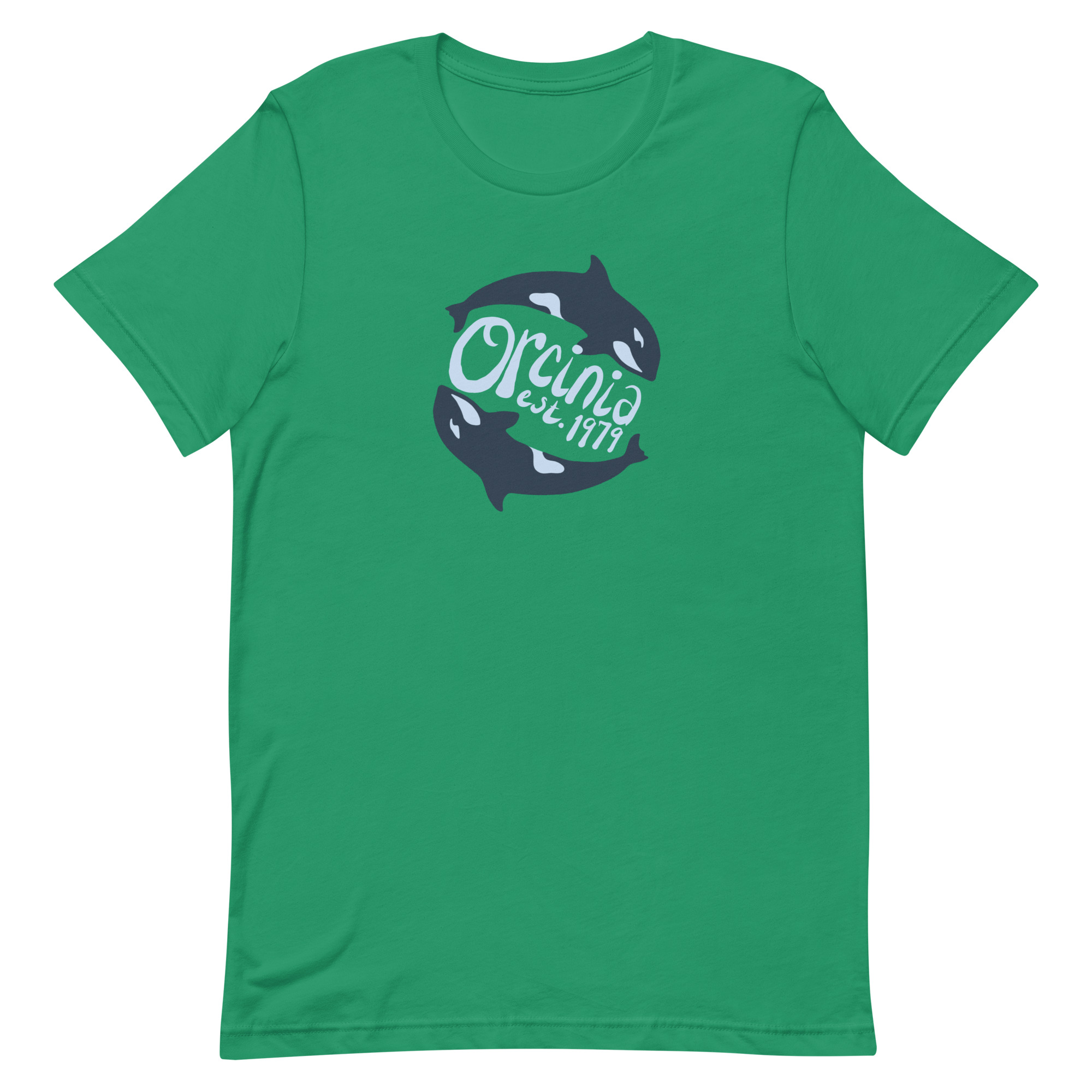 Kelly green short-sleeve t-shirt featuring two orca whales swimming in a circle. Text between them reads "Orcinia, est. 1979."