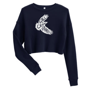 Navy cropped sweatshirt with white crow silhouette filled with the words "Call of the Crow Quartet."