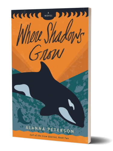 3D Cover of Where Shadows Grow by Alanna Peterson. An orca whale dives into a turquoise sea beneath an orange sunset.