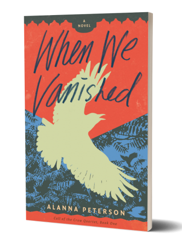 3D version of When We Vanished. Silhouette of a crow against green foliage, with a red-orange background behind the title